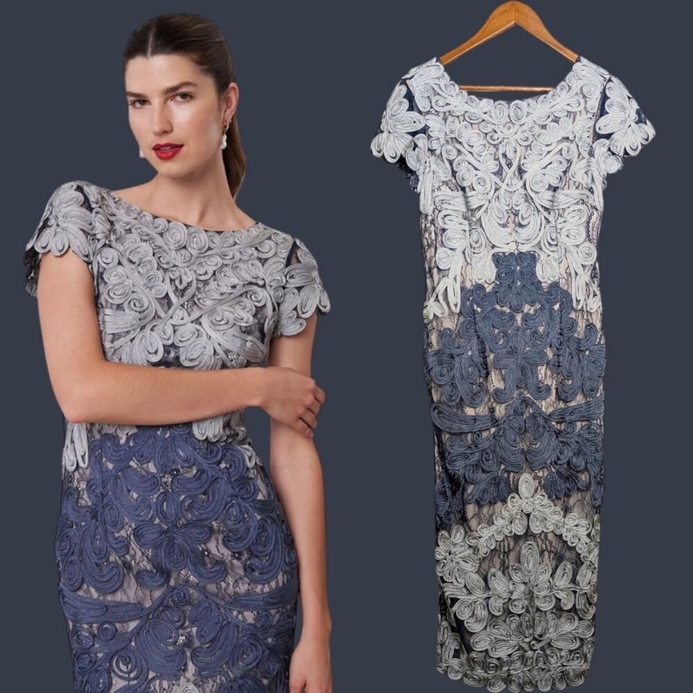 BHLDN JS Collections Cocktail Midi Dress 6 Navy Formal Applique Soutache Ribbon